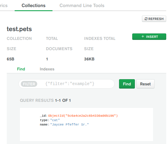cat created in mongodb atlas dashboard