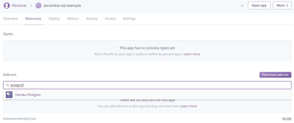 Selecting Heroku Postgres resource