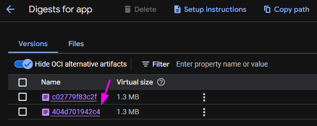 GCP UI for Artifact Registry showing a list of two digests for image “app” in repository “go”, with an arrow pointing to the first digest ID