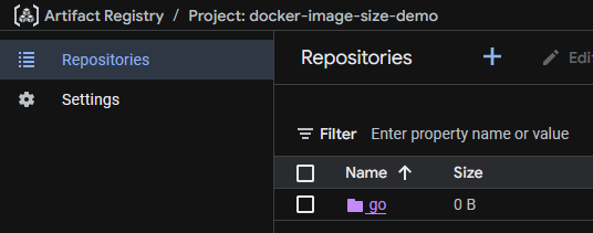 GCP UI for Artifact Registry showing one repository named “go” with size of 0 bytes