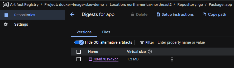 GCP UI for Artifact Registry showing the digests for image “app” in repository “go”, showing one image digest with a random ID for name and virtual size of 1.3 megabytes