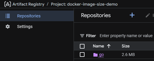 GCP UI for Artifact Registry showing one repository named “go” with size of 2.6 megabytes