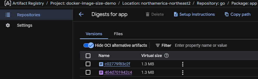 GCP UI for Artifact Registry showing the digests for image “app” in repository “go”, showing two image digests with random IDs for their names name and each having a virtual size of 1.3 megabytes
